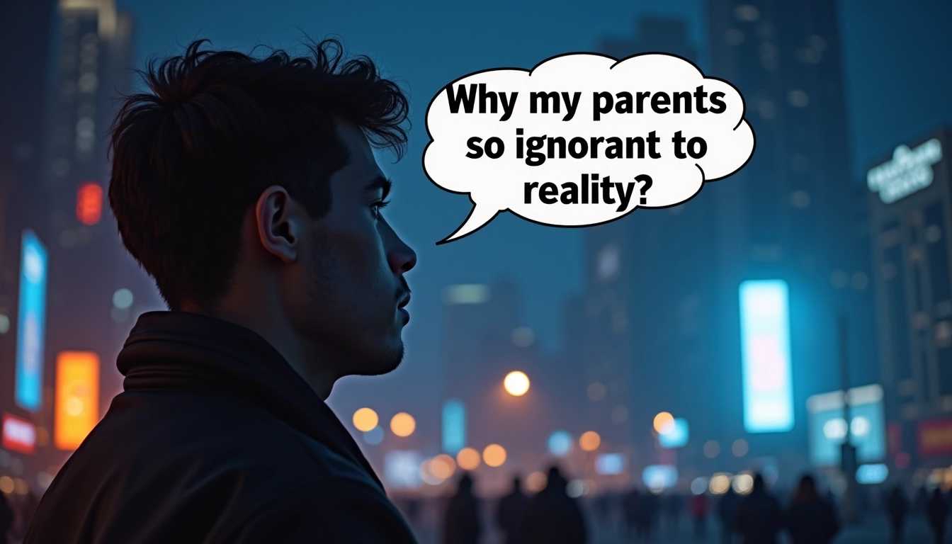 A Millennial asking the camera, "Why are my parents so ignorant to reality?" in text bubbles