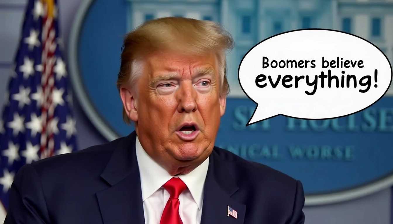 Trump saying to the camera, "Boomers believe everything!" in text bubbles