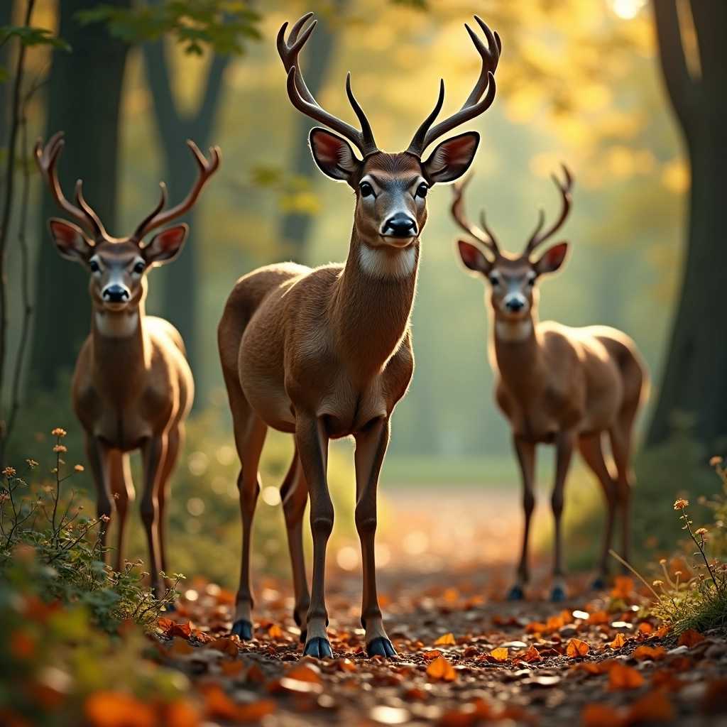 a highly detailed, ultra-realistic, 8K resolution photograph of three majestic male deer standing majestically in a sun-drenched clearing of a dense forest, with dappled light filtering through the leafy canopy above, casting intricate shadows on the forest floor, where autumnal leaves crunch beneath the deer's hooves, featuring a warm color palette with earthy tones of olive green, rusty brown, and golden yellow, with the deer's coats glistening in the soft sunlight, their large brown eyes shining with curiosity, their slender legs and delicate features exuding elegance, set against a rich, velvety green background, with the camera positioned low to the ground, evoking a sense of intimacy and vulnerability, capturing the serene atmosphere of the forest, with every detail meticulously rendered, from the delicate patterns on the leaves to the wispy hairs on the deer's coats.