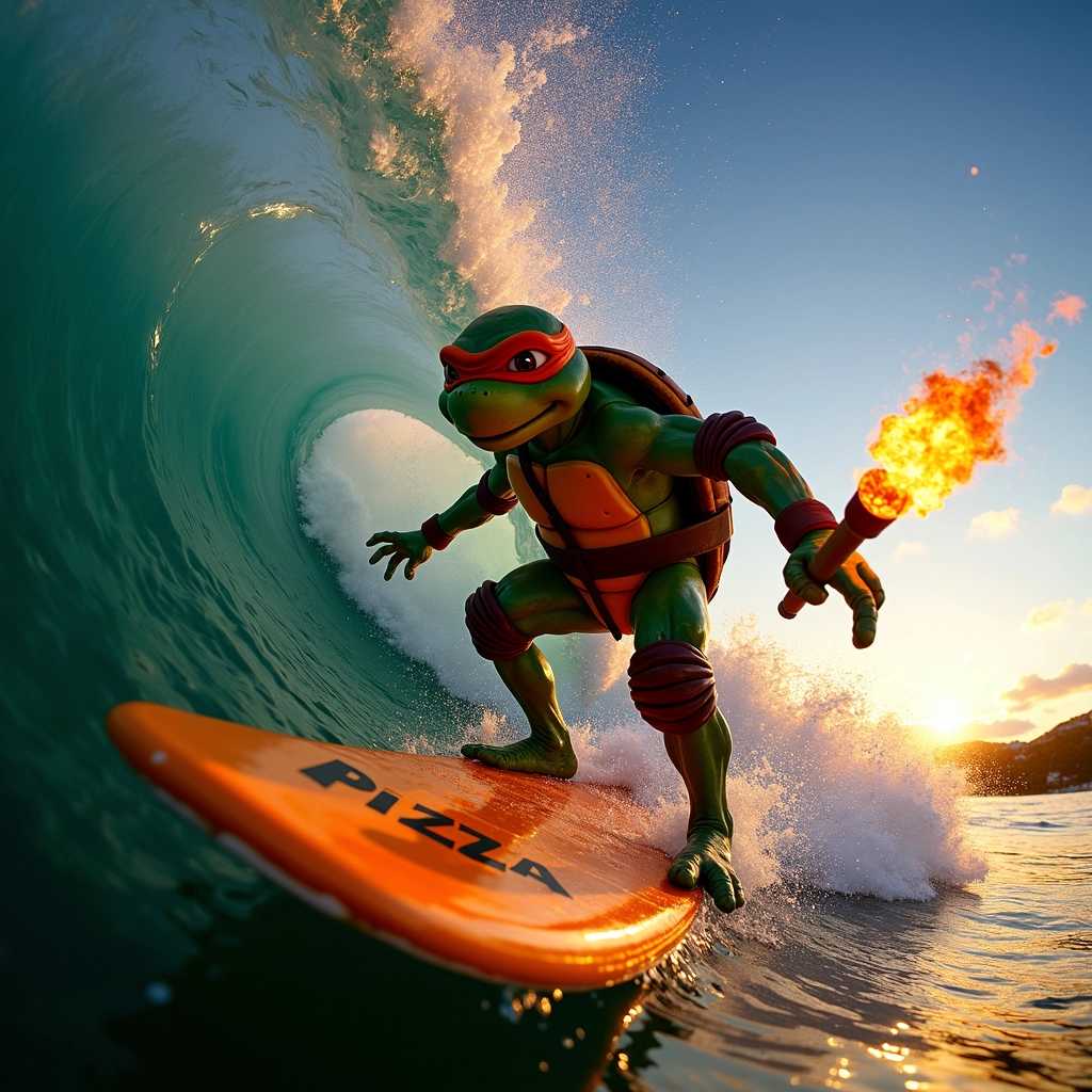 Actionpacked surfing scene with a twist featuring a Teenage Mutant Ninja Turtle