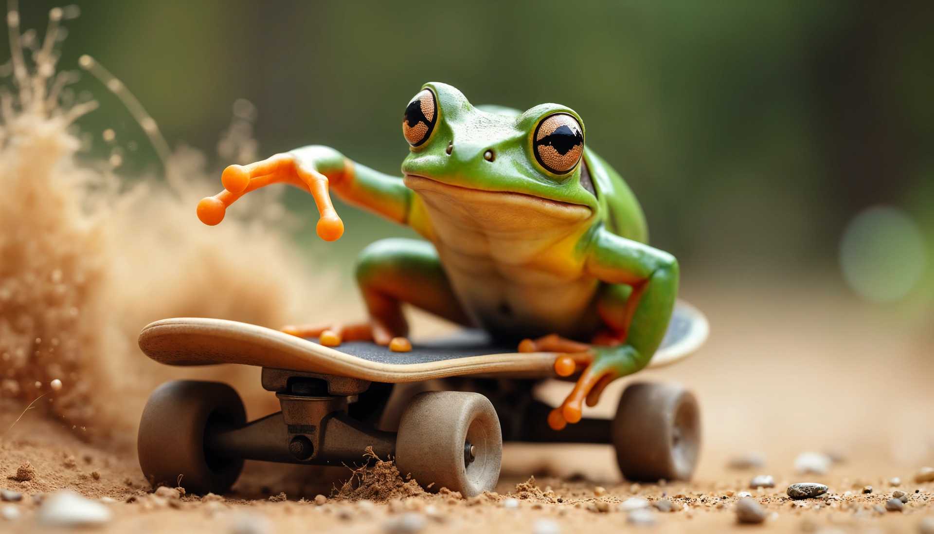 Frog Strikes a Pose on a Skateboard, Knees Bent in a Display of Balance and Agility