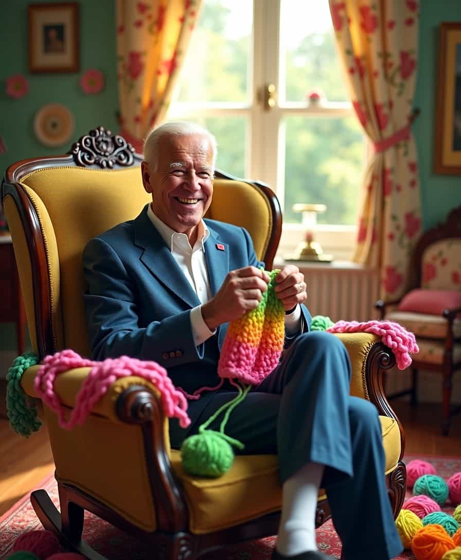 Create a whimsical HD Photograph of Joe Biden with a crooked smile and expressive features. He should be seated comfortably in an ornate, vintage rocking chair with intricate woodwork, surrounded by a cozy, sunlit room filled with vibrant colors. Biden is knitting a colorful pair of mismatched socks, with bright yarn strung everywhere around the room in various hues such as neon green, soft pink, and sunny yellow. The scene conveys a sense of warmth and humor and utter confusion, with playful details like yarn balls scattered around. The setting should include softly glowing sunlight filtering through a window adorned with floral curtains, casting gentle shadows that enhance the serene atmosphere