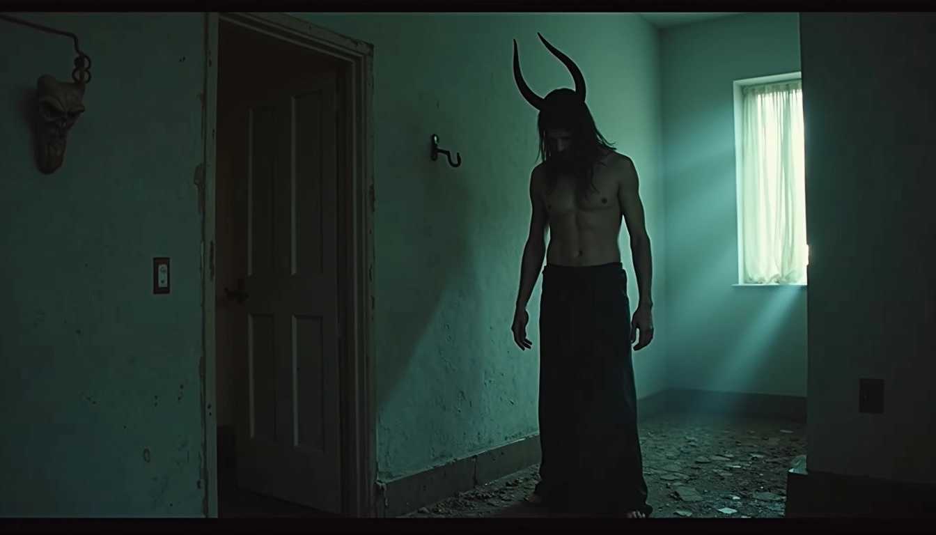 dramatic horror movie scene, häxan movie hyperrealism, naked witch and the devil