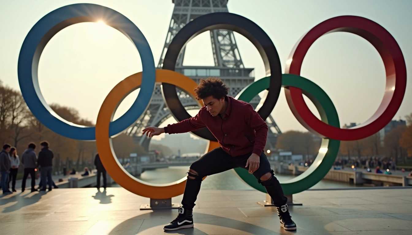 a breakdancer in Paris France in front of the Olympic logo, mid-dance move, dynamic action, action streaks 