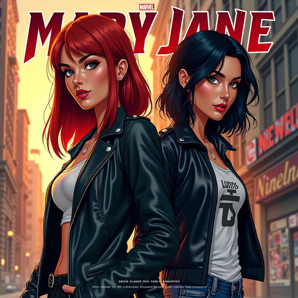 **Prompt for Image Generation:**

Create a dramatic and visually striking movie poster featuring two distinct interpretations of Mary Jane Watson. On the left, depict a European-skinned Mary Jane with vibrant red straight hair cascading over her shoulders. Her expression is confident and fierce, reflecting a sense of empowerment and allure. She wears a stylish, modern outfit that incorporates classic comic book elements, complete with a hint of urban sophistication, and stands against a backdrop of a bustling city skyline at sunset, casting an orange glow around her.

On the right side, illustrate a tan olive-skinned Mary Jane, showcasing her black messy hair styled in a carefree yet edgy manner. Her look is bold and adventurous, wearing a leather jacket over a trendy graphic tee paired with distressed jeans. Her posture is dynamic, as if she’s ready to leap into action. The background should evoke a sense of urban grit, featuring graffiti art and a hint of movement, suggesting vitality and excitement.

At the top of the poster, in large, bold letters, include the title "Marvel's Mary Jane" in a dramatic font that conveys both adventure and elegance. 

At the bottom, incorporate the credit text in a smaller font, listing the production team, actors, and other relevant details in a sleek, modern style, harmonizing with the overall aesthetic of the poster. Use a color palette that complements both characters, blending warm tones with cooler hues to create a captivating contrast.

Include subtle details such as lens flares or hand-drawn comic elements to