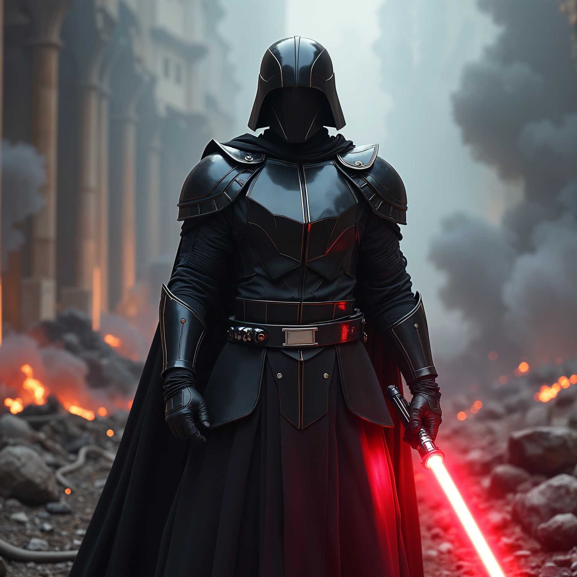 Create a powerful and imposing scene featuring a formidable figure clad in a sleek, black armored suit that offers a mix of futuristic and medieval aesthetics. The suit should be detailed with intricate designs and embedded technology, enhancing its menacing appearance. The figure wears a glossy, reflective visor helmet that obscures their face, adding an air of mystery and anonymity. 

Position the character in a strong, dominant pose, holding a vibrant red lightsaber at waist height, its blade glowing intensely against the darker tones of the scene. The lightsaber's glow should illuminate the immediate surroundings, casting dynamic red reflections on the armor.

The backdrop should be a chaotic, battle-scarred environment, filled with remnants of a fierce conflict – debris, scorched earth, and shadowy outlines of fallen combatants. Add swirling smoke and mist to enhance the atmosphere of turmoil, with tendrils weaving around the figure, hinting at the aftermath of a powerful confrontation.

Utilize dramatic lighting to cast deep shadows and highlight the contours of the armor, creating a stark contrast between light and dark. The overall mood should evoke tension and power, hinting at the dark nature of this warrior and the victorious yet harrowing atmosphere of the battlefield. The color palette should be dominated by blacks, reds, and smoky grays to amplify the dramatic effect.