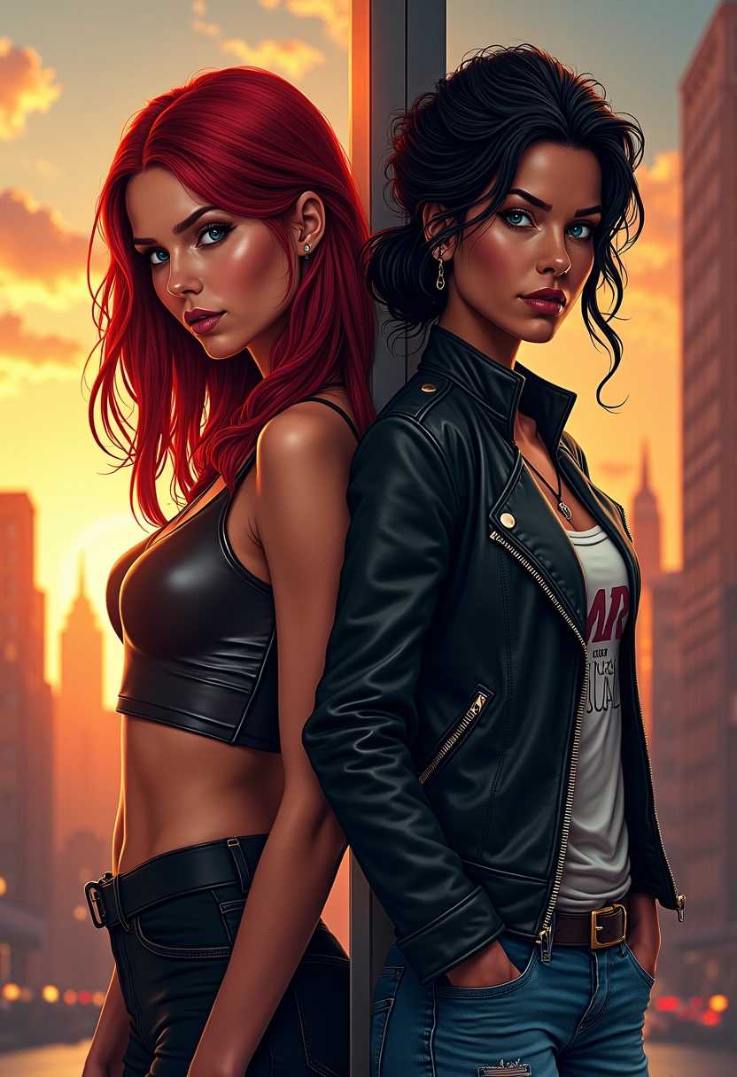 Create a captivating and dramatic movie poster that highlights two powerful interpretations of Mary Jane Watson, each representing a unique facet of her character. On the **left side**, depict a European-skinned Mary Jane, characterized by her stunning, straight, vibrant red hair that cascades elegantly over her shoulders. Her expression is one of confidence and fierce empowerment, embodying an alluring charisma. She wears a chic, modern outfit infused with classic comic book elements, such as a playful pop of color reminiscent of her iconic comic attire, paired with urban sophistication. The background showcases a breathtaking city skyline at sunset, where the warm orange glow bathes her figure in light, casting long shadows and creating a silhouette that exudes strength and poise. On the **right side**, illustrate a tan olive-skinned Mary Jane, her hair styled in an edgy, carefree black messy look that enhances her adventurous spirit. Her attire breaks convention with a rugged leather jacket layered over a trendy graphic tee, juxtaposed with stylish distressed jeans, evoking a bold urban vibe. She stands in a dynamic pose, poised as if ready to leap into action, radiating vitality. The backdrop features urban grit with vibrant graffiti art and subtle hints of movement, creating a compelling atmosphere of excitement and spontaneity. At the **top of the poster**, inscribe the title "Marvel's Mary Jane" in large, bold, and dramatic letters that echo themes of adventure and elegance, with a slight metallic sheen to catch