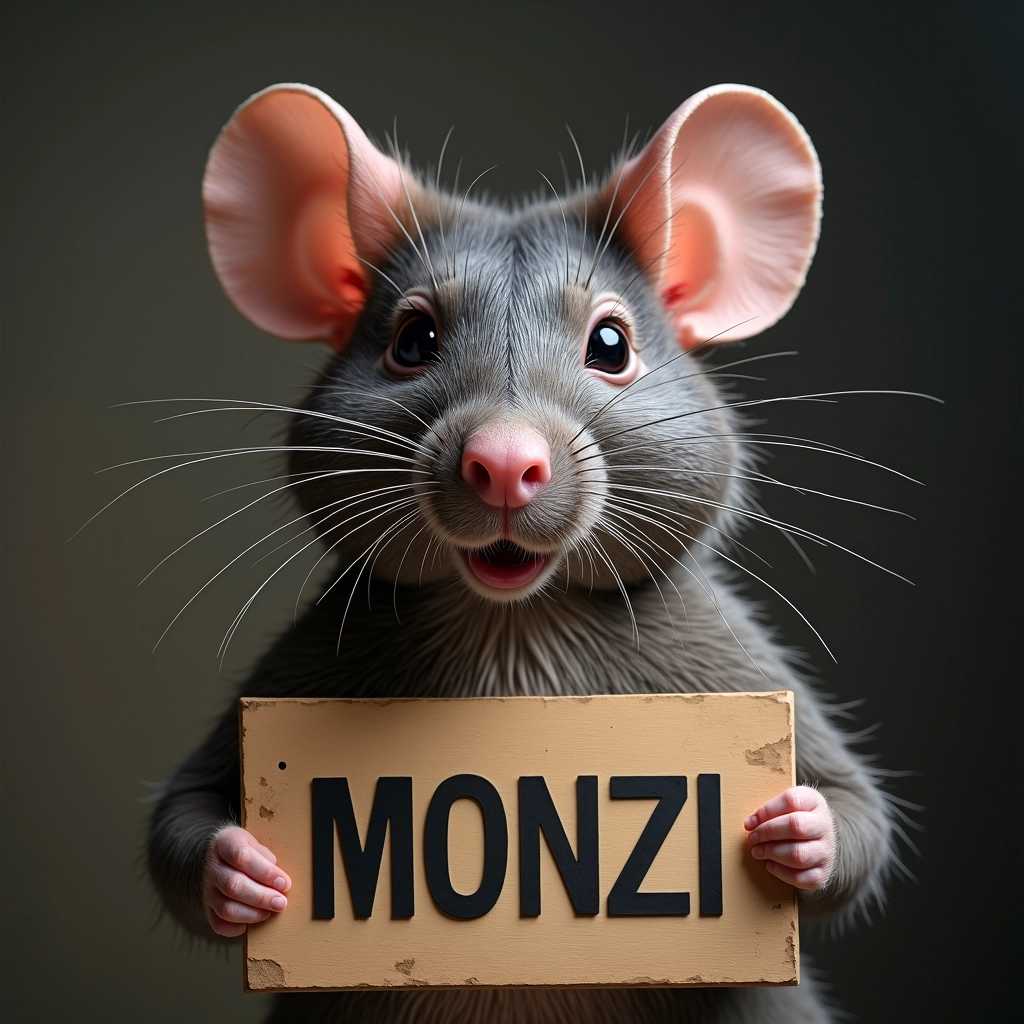 a portrait photo of an anthropomorphic RAT a sign reading "MONZI"