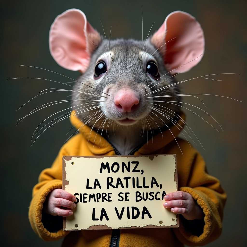 a portrait photo of an anthropomorphic RAT a sign reading "MONZ LA RATILLA, SIEMPRE SE BUSCA LA VIDA"