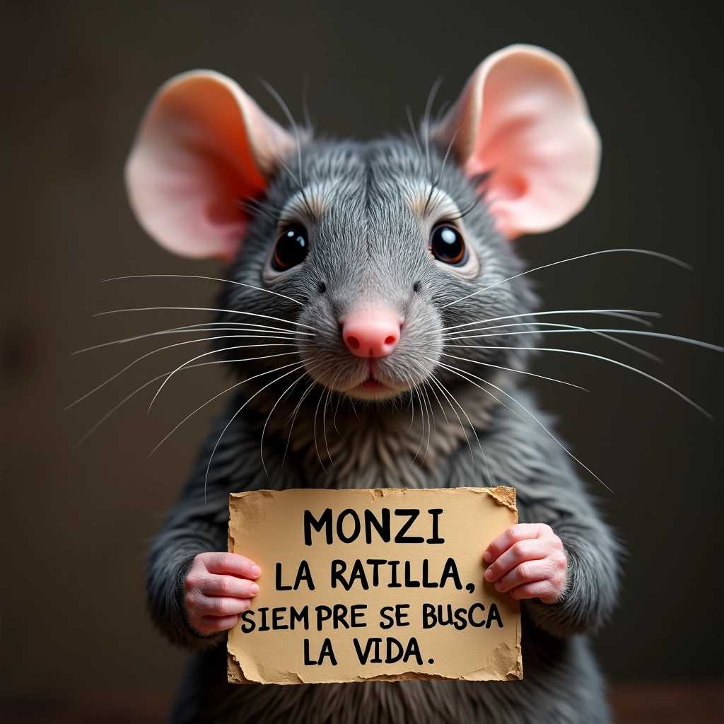 a portrait photo of an anthropomorphic RAT a sign reading "MONZI LA RATILLA, SIEMPRE SE BUSCA LA VIDA"