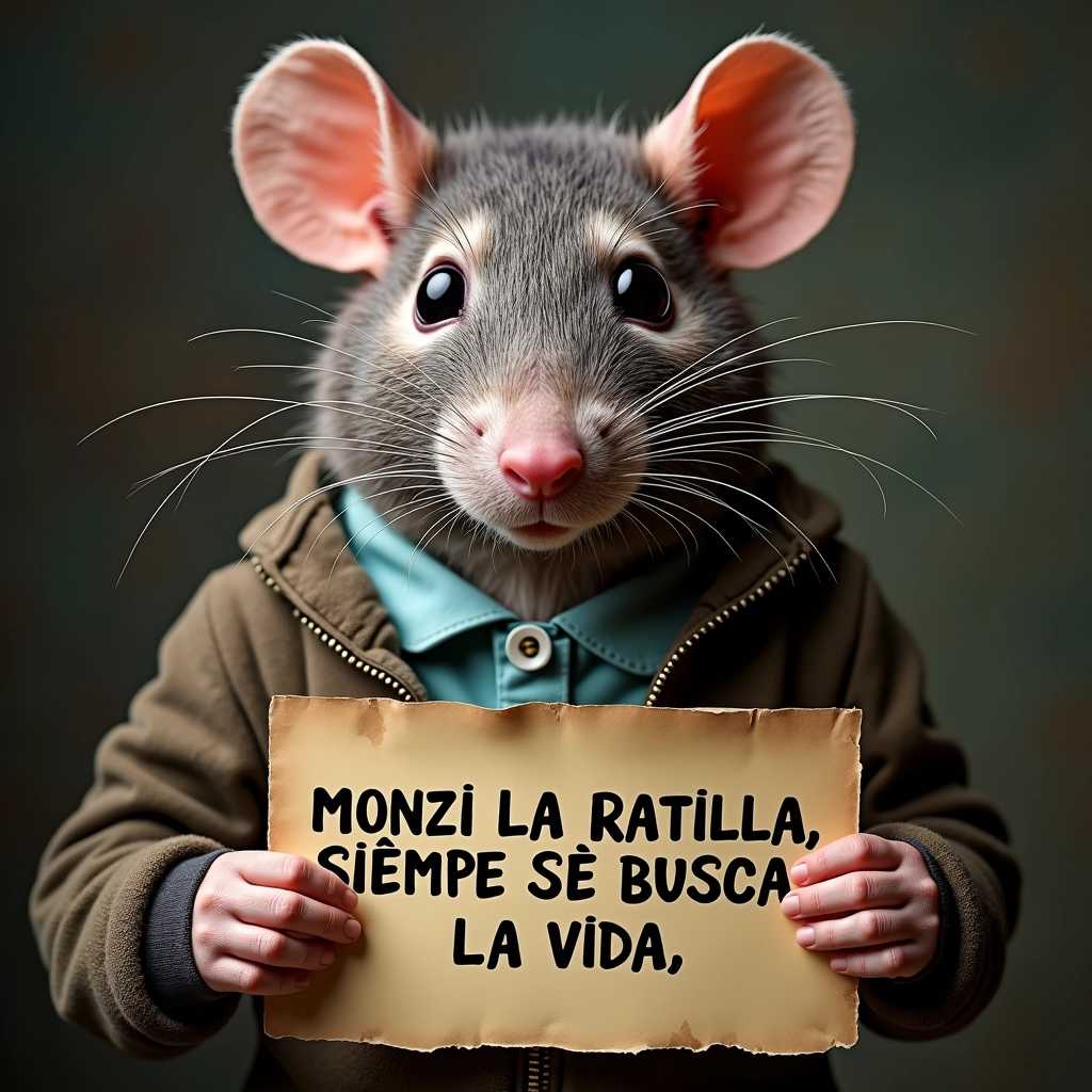 a portrait photo of an anthropomorphic RAT a sign reading "MONZI LA RATILLA, SIEMPRE SE BUSCA LA VIDA"