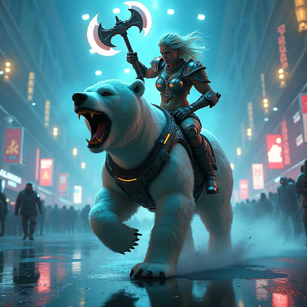 Warrior Woman with Polar Bear A Cyberpunk Fantasy