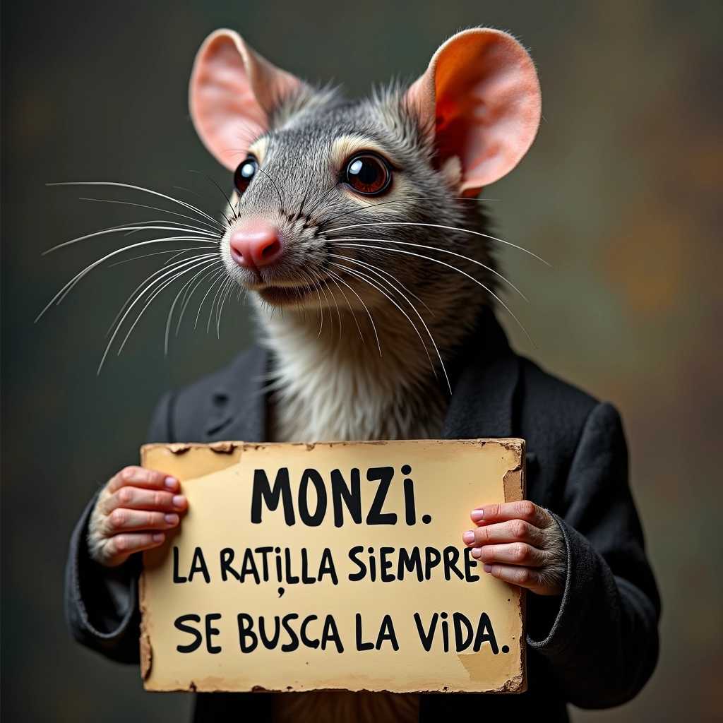 a portrait photo of an anthropomorphic RAT a sign reading "MONZI - LA RATILLA SIEMPRE SE BUSCA LA VIDA"