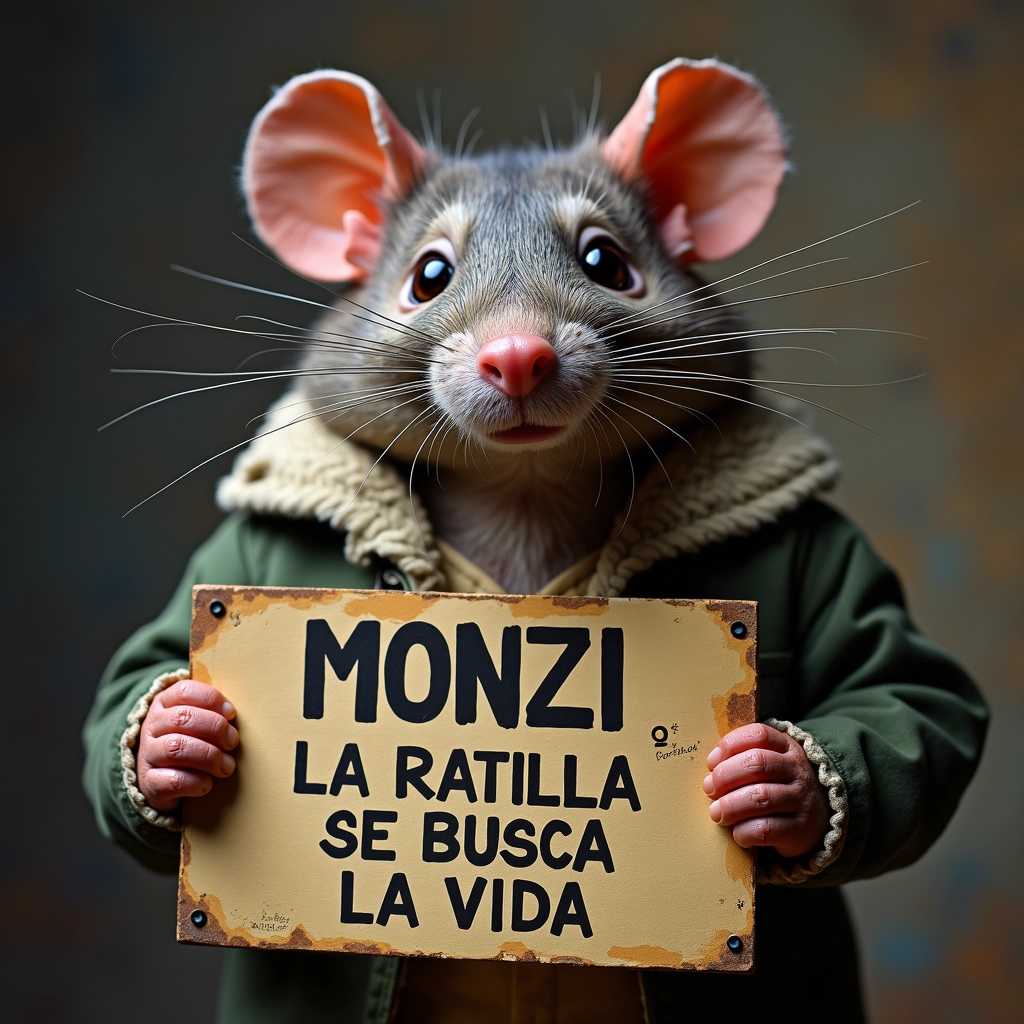 a portrait photo of an anthropomorphic RAT a sign reading "MONZI - LA RATILLA SIEMPRE SE BUSCA LA VIDA"