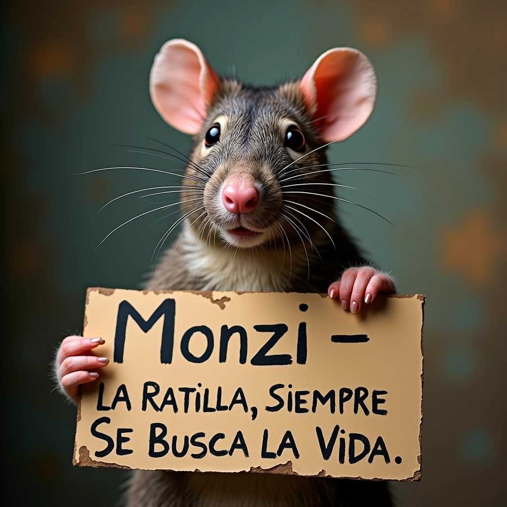 a portrait photo of an anthropomorphic RAT a sign reading "MONZI - LA RATILLA, SIEMPRE SE BUSCA LA VIDA"