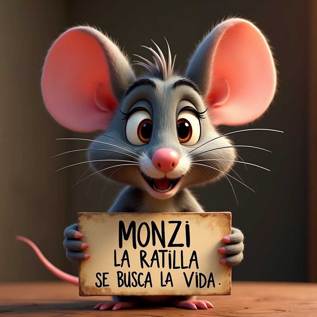  a portrait photo of an anthropomorphic RAT, STYLE PIXAR DISNEY, a sign reading "MONZI - LA RATILLA, SIEMPRE SE BUSCA LA VIDA"