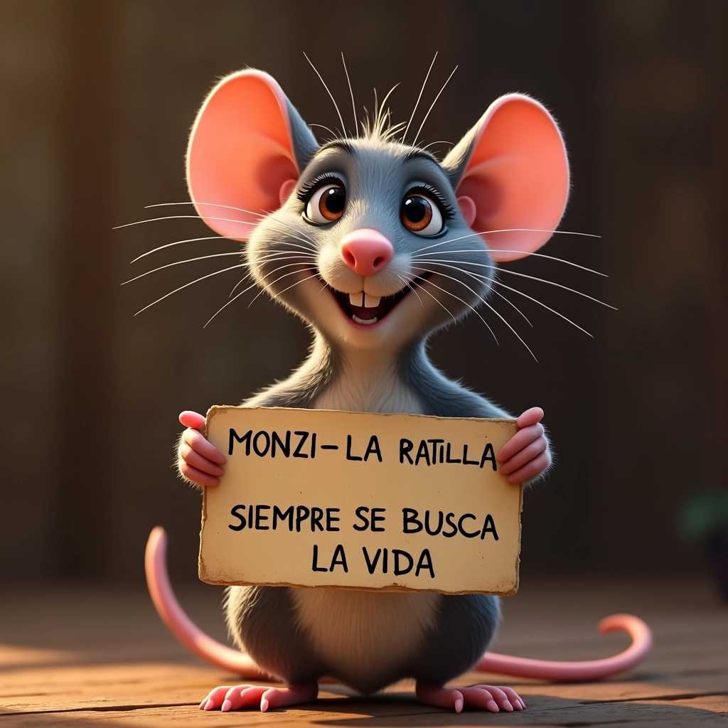  a portrait photo of an anthropomorphic RAT, STYLE PIXAR DISNEY, a sign reading "MONZI - LA RATILLA, SIEMPRE SE BUSCA LA VIDA"