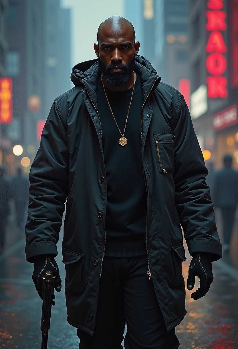 Kimbo slice as a male cyberpunk gang member blade runner 2049, cyberpunk 2077. Poster art by greg rutkowsky, oil on canvas, centered, sharp focus, smooth, Cinematic, realistic proportions, dramatic lighting
