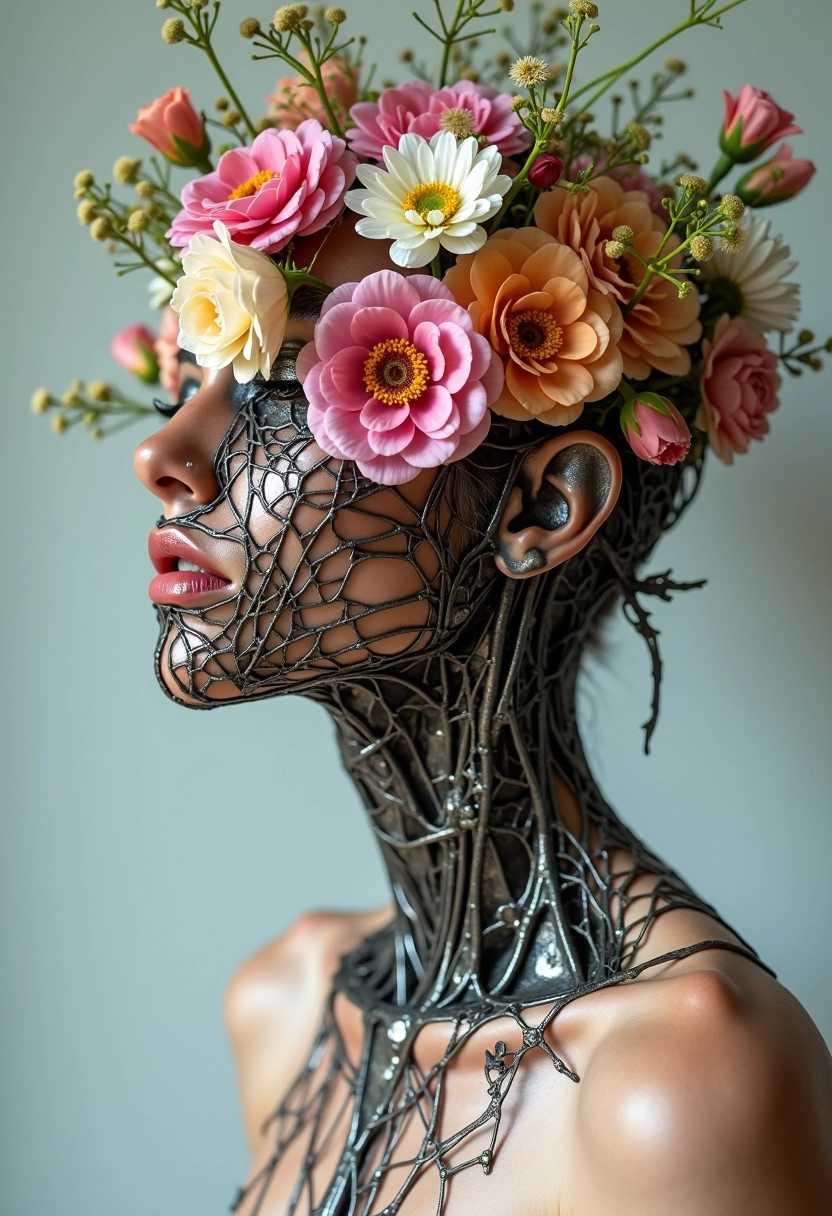 a cyborg woman covering nudity with a bouquet of flowers, bits of metal and plastic visible