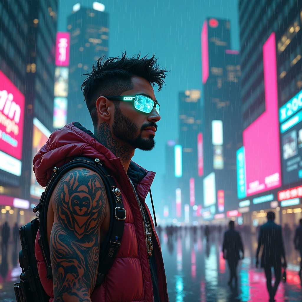 Create a vibrant digital artwork of a cyberpunk man standing in a futuristic cityscape at night. The character should have striking features, adorned with intricate tattoos that light up with neon colors, reflecting the ambiance around him. His attire is a mix of high-tech and street fashion, incorporating metallic elements and glowing accessories, such as a holographic visor over his eyes.

The background is a bustling metropolis filled with towering skyscrapers embellished with holographic advertisements and neon lights illuminating the streets below. Raindrops glisten as they fall, creating a reflective surface on the ground that mirrors the dazzling lights of the city. A distant skyline is punctuated by flying cars zipping through the air, while the foreground shows a blend of humans and humanoid robots coexisting in this high-tech environment.

The composition should have a dynamic perspective, with the man slightly off-center, gazing into the distance, evoking a sense of determination and resilience. The color palette should be rich with deep blues, vibrant pinks, and sharp greens to enhance the futuristic vibe. Overall, the mood is both gritty and hopeful, capturing the essence of a cyberpunk universe where technology and humanity intertwine.