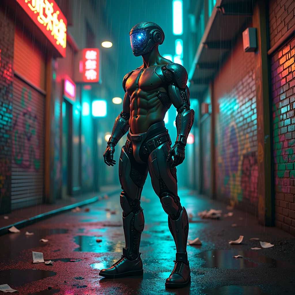 Create an image of a futuristic cybernetic man standing confidently in an urban alleyway. He has sleek metallic limbs with intricate circuitry glowing in blue and green hues, showcasing both strength and advanced technology. His face is partially covered by a high-tech visor that displays various data readouts, and his eyes glow with an intense, electric blue. The background features neon lights illuminating graffiti-covered brick walls, creating a gritty yet vibrant atmosphere. The scene is set at night, adding a moody, cyberpunk vibe with reflections from puddles on the ground. The overall composition emphasizes the character's imposing presence while showcasing the fusion of humanity and technology in a captivating, dystopian world. The art style should lean towards hyper-realistic with a hint of digital futurism, focusing on detailed textures of both the man's cybernetics and the urban environment.
