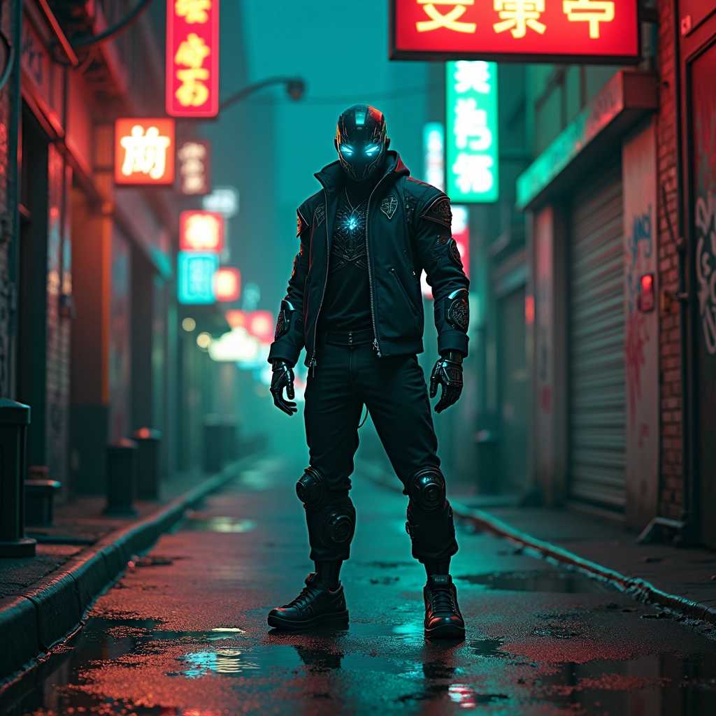 Create an image of a futuristic cybernetic man standing confidently in an urban alleyway. He has sleek metallic limbs with intricate circuitry glowing in blue and green hues, showcasing both strength and advanced technology. His face is partially covered by a high-tech visor that displays various data readouts, and his eyes glow with an intense, electric blue. The background features neon lights illuminating graffiti-covered brick walls, creating a gritty yet vibrant atmosphere. The scene is set at night, adding a moody, cyberpunk vibe with reflections from puddles on the ground. The overall composition emphasizes the character's imposing presence while showcasing the fusion of humanity and technology in a captivating, dystopian world. The art style should lean towards hyper-realistic with a hint of digital futurism, focusing on detailed textures of both the man's cybernetics and the urban environment.