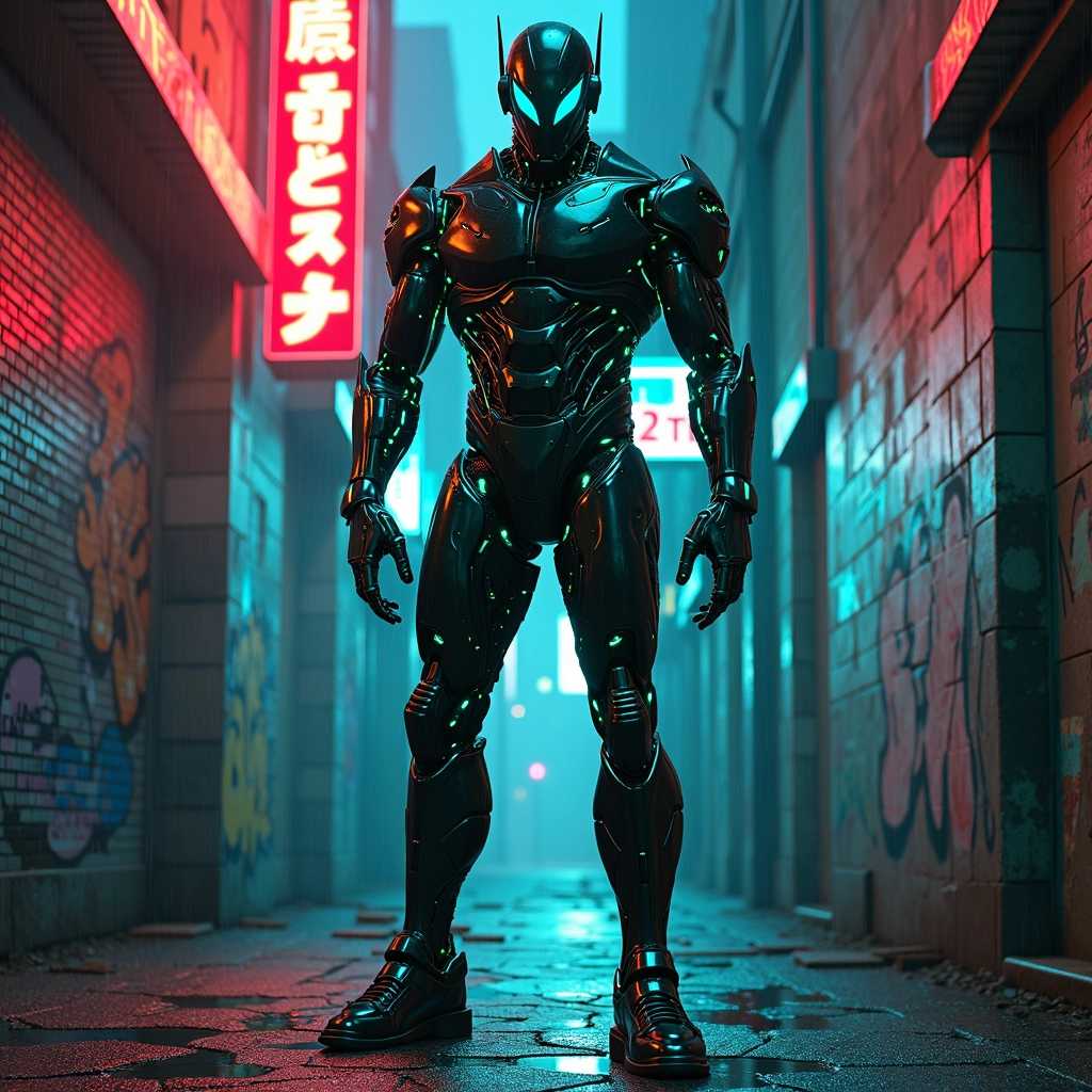 Create an image of a futuristic cybernetic man standing confidently in an urban alleyway. He has sleek metallic limbs with intricate circuitry glowing in blue and green hues, showcasing both strength and advanced technology. His face is partially covered by a high-tech visor that displays various data readouts, and his eyes glow with an intense, electric blue. The background features neon lights illuminating graffiti-covered brick walls, creating a gritty yet vibrant atmosphere. The scene is set at night, adding a moody, cyberpunk vibe with reflections from puddles on the ground. The overall composition emphasizes the character's imposing presence while showcasing the fusion of humanity and technology in a captivating, dystopian world. The art style should lean towards hyper-realistic with a hint of digital futurism, focusing on detailed textures of both the man's cybernetics and the urban environment.