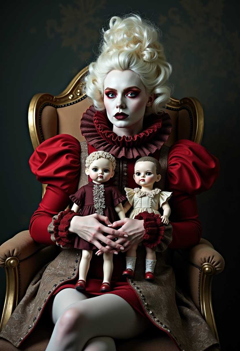 Highly stylized and surreal portrait featuring a person with pale skin and elaborate makeup, including red eyeshadow and dark lipstick. The subject is dressed in an ornate, historical costume with a large, ruffled collar and voluminous red sleeves. Their hair is styled in an elaborate, powdered wig. The person is seated in a vintage armchair, surrounded by and holding various fantastical, doll-like creatures with exaggerated features. The background is dark, enhancing the dramatic and eerie atmosphere of the image. The overall composition is intricate and visually striking, blending elements of historical fashion with surreal and gothic aesthetics.