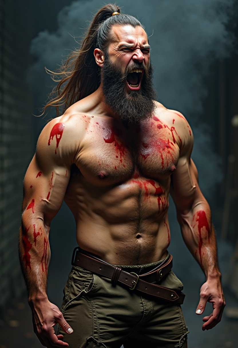 Intense and Powerful Warrior with Bloody Stains
