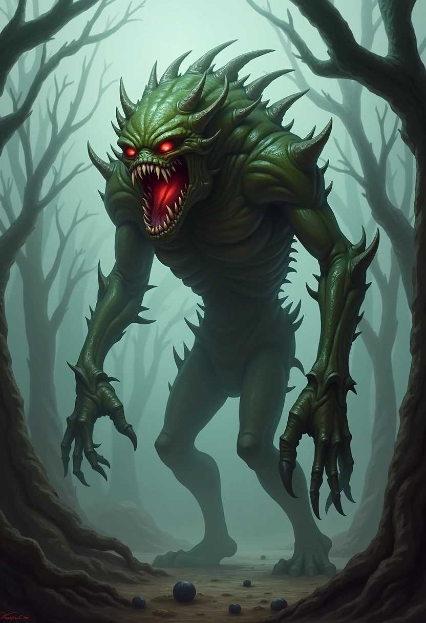 Digital artwork featuring a monstrous creature in a dark, eerie environment. The creature has a skeletal, humanoid form with elongated limbs and sharp, claw-like fingers. Its skin is a dark, mottled green with a texture resembling decayed flesh. The head is large with a gaping mouth full of sharp, jagged teeth, and glowing red eyes that exude a menacing aura. The creature's body is adorned with spiky protrusions and additional mouths on its torso, adding to its terrifying appearance. The background is a misty, desolate landscape with twisted, barren trees, enhancing the overall ominous atmosphere of the scene.