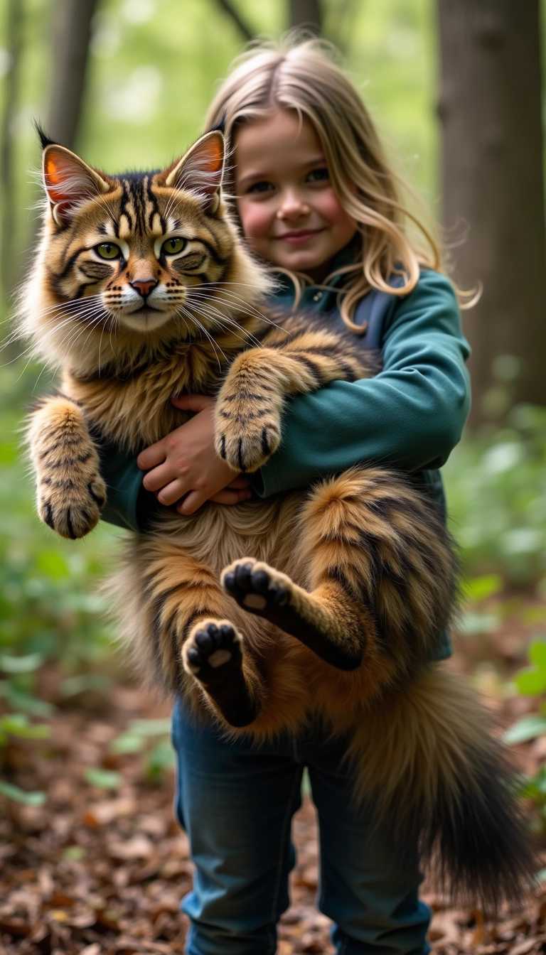 Little girl holding a giant maincoon in the forest