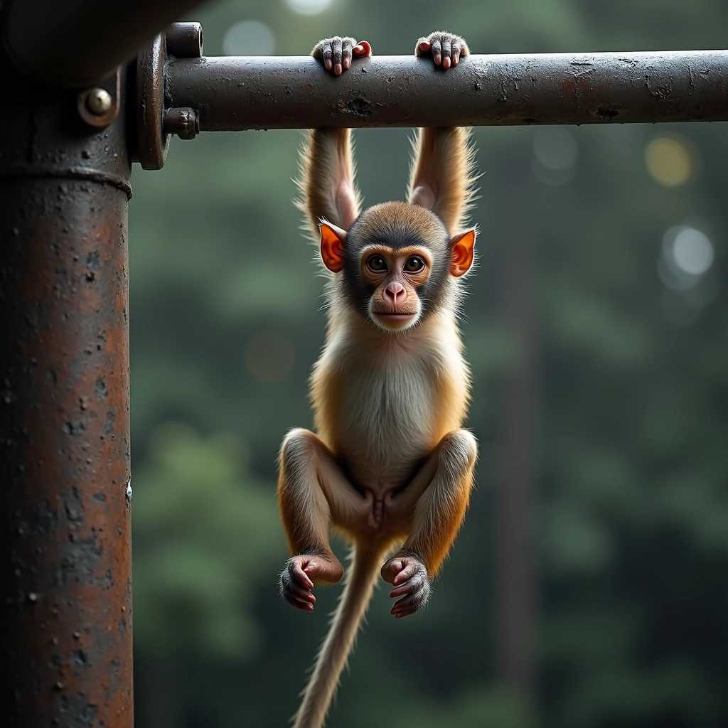 raw photo of a monkey hanging in a steel,200mm lens zoom