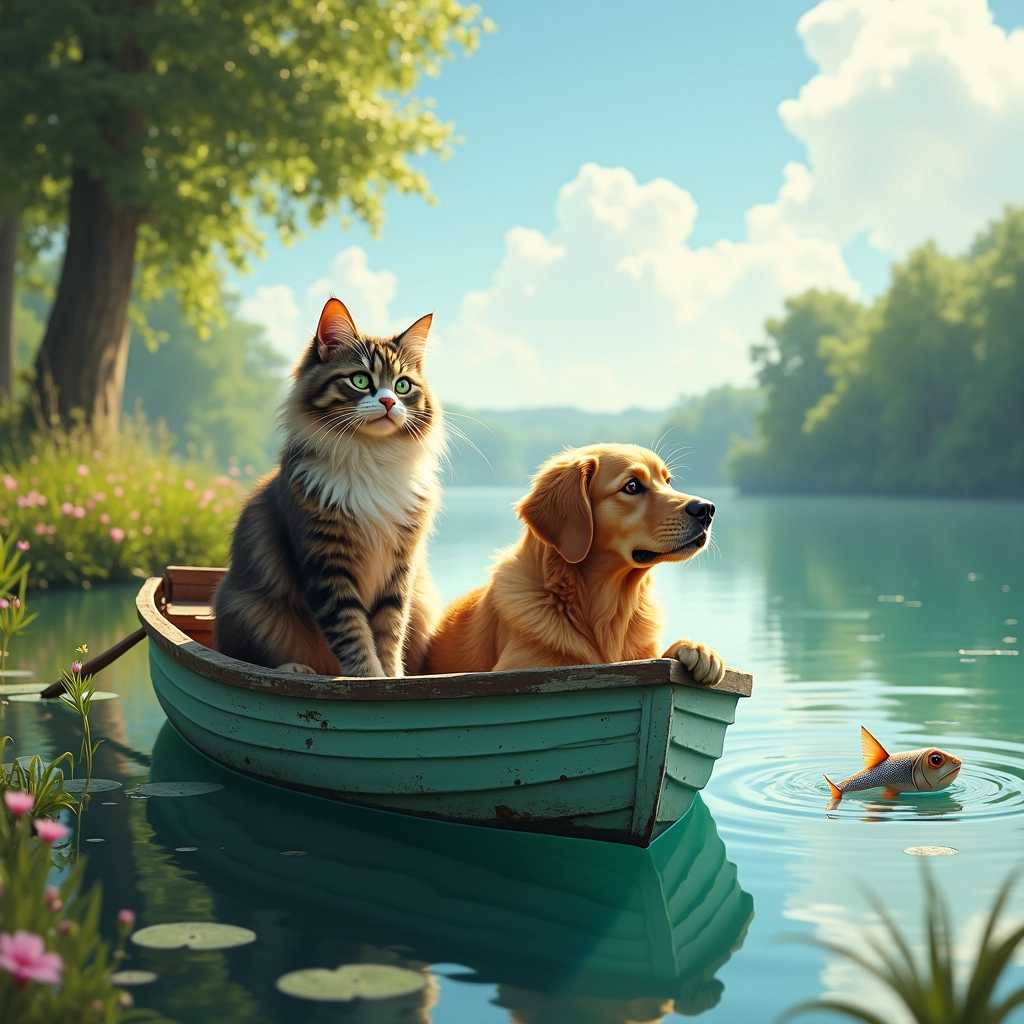 Imagine a whimsical scene on a calm, sunlit lake, where a fluffy, curious cat—a fluffy Maine Coon with striking green eyes—sits gracefully at the bow of a small, vintage wooden boat. The boat, gently rocking on the water, has a charming patina, revealing its age with a soft coat of peeling turquoise paint. Next to the cat, a cheerful golden retriever, with its soft fur shimmering in the dappled sunlight, leans over the edge, eyes sparkling with excitement as it gazes intently at the shimmering fish just beneath the surface.

Surrounding them, the serene beauty of nature unfolds—lush green trees line the banks of the lake, their reflections dancing in the water, while delicate wildflowers dot the edges of the shore. A few wispy clouds drift lazily across a brilliant blue sky, contributing to the peaceful atmosphere. Sunbeams filter through the trees, casting playful patterns of light and shadow on the water.

The mood is lighthearted and joyful, capturing the unlikely companionship between the cat and dog as they enjoy their adventure together—combining a sense of peace with a splash of playful whimsy. Visualize this enchanting scene rich with vibrant colors and affectionate details, bringing to life the unique bond shared between these two playful companions on a warm summer day.