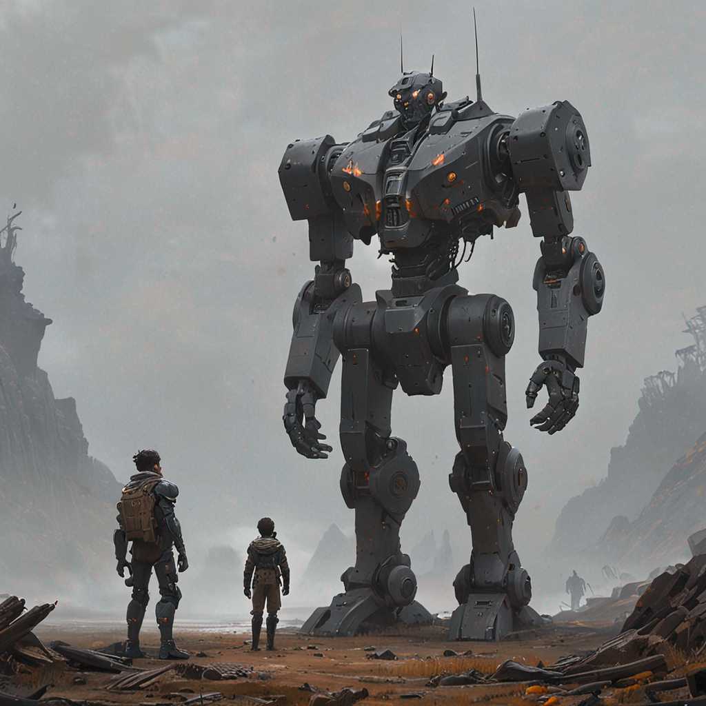 Apocalyptic Encounters A Colossal Mech and Human Survivors Amidst the Ruins