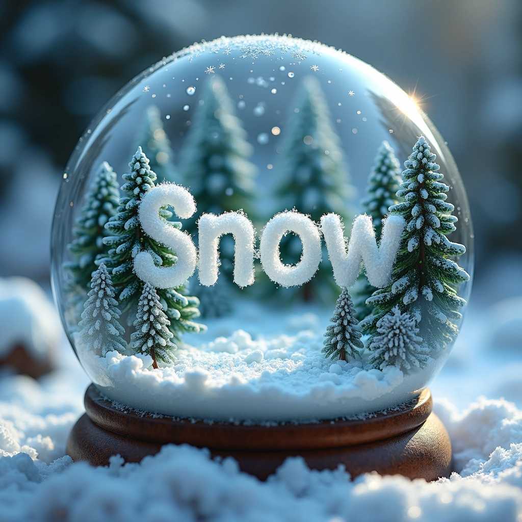 A hyper-detailed, close-up view inside a magical snow globe. The word "Snow" is intricately formed from miniature snowflakes and frost patterns, suspended in the center of the globe. Surrounding the word, a miniature winter wonderland unfolds in exquisite detail. Tiny evergreen trees, their branches laden with snow, create a dense forest. A frozen lake reflects the scene like a mirror, with microscopic ice skaters etching patterns on its