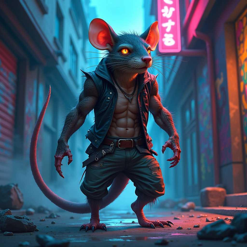 Create a detailed fantasy illustration of a half man, half rat creature, blending human and rat features in a seamless, imaginative way. The upper body resembles that of a rugged man with muscular arms and a textured, human-like face but sports sharp, elongated rat ears and fierce, glowing amber eyes filled with an intriguing mix of intelligence and mischief. The lower half transforms into a rat's sleek, furry body, complete with agile limbs and a long, curled tail that adds to its dynamic posture. 

The creature stands in an urban alleyway, illuminated by flickering neon lights and shadows cast by towering skyscrapers, enhancing the mood of a gritty, noir environment. Scattered trash and an array of vibrant graffiti on the walls contribute to the urban setting. The background is blurred slightly to bring focus to the creature, while hints of mist or steam rise from the ground to add atmosphere. 

The overall color palette should feature deep shadows contrasted with bright neon hues of blue and pink, creating a surreal yet edgy feel. The attire of this hybrid should include tattered clothing, perhaps a leather jacket and rugged pants adapted from urban fashion, merging human style with the creature's unique essence. Infuse a sense of tension and mystery into the composition, making it both unsettling and captivating to the viewer.