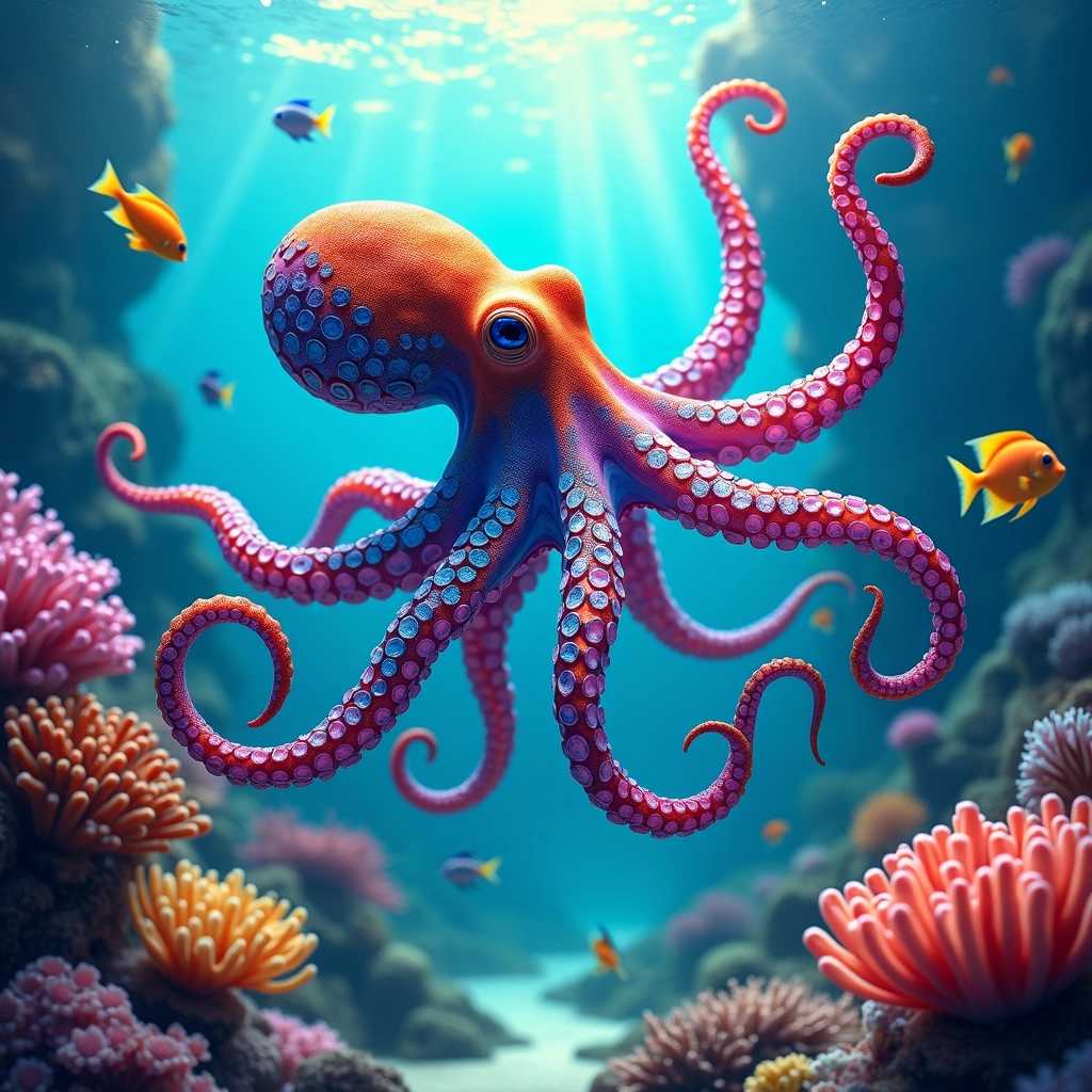 **Prompt for Image Generation:**

"Create a vivid underwater scene featuring a majestic, multi-colored octopus gracefully swimming through the crystal-clear waters of a coral reef. The octopus should have intricate patterns on its skin, showcasing a vibrant array of blues, purples, and oranges, with its tentacles elegantly flowing in the water. Surround it with a diverse array of marine life, including brightly colored fish, swaying sea anemones, and delicate coral formations, all illuminated by beams of sunlight filtering through the surface. The background should depict a softly blurred seascape filled with shadows of distant rocks and the textures of flowing seaweed. Capture the serene yet vibrant mood of an underwater ecosystem, emphasizing the beauty and complexity of marine life in a realistic and immersive style."