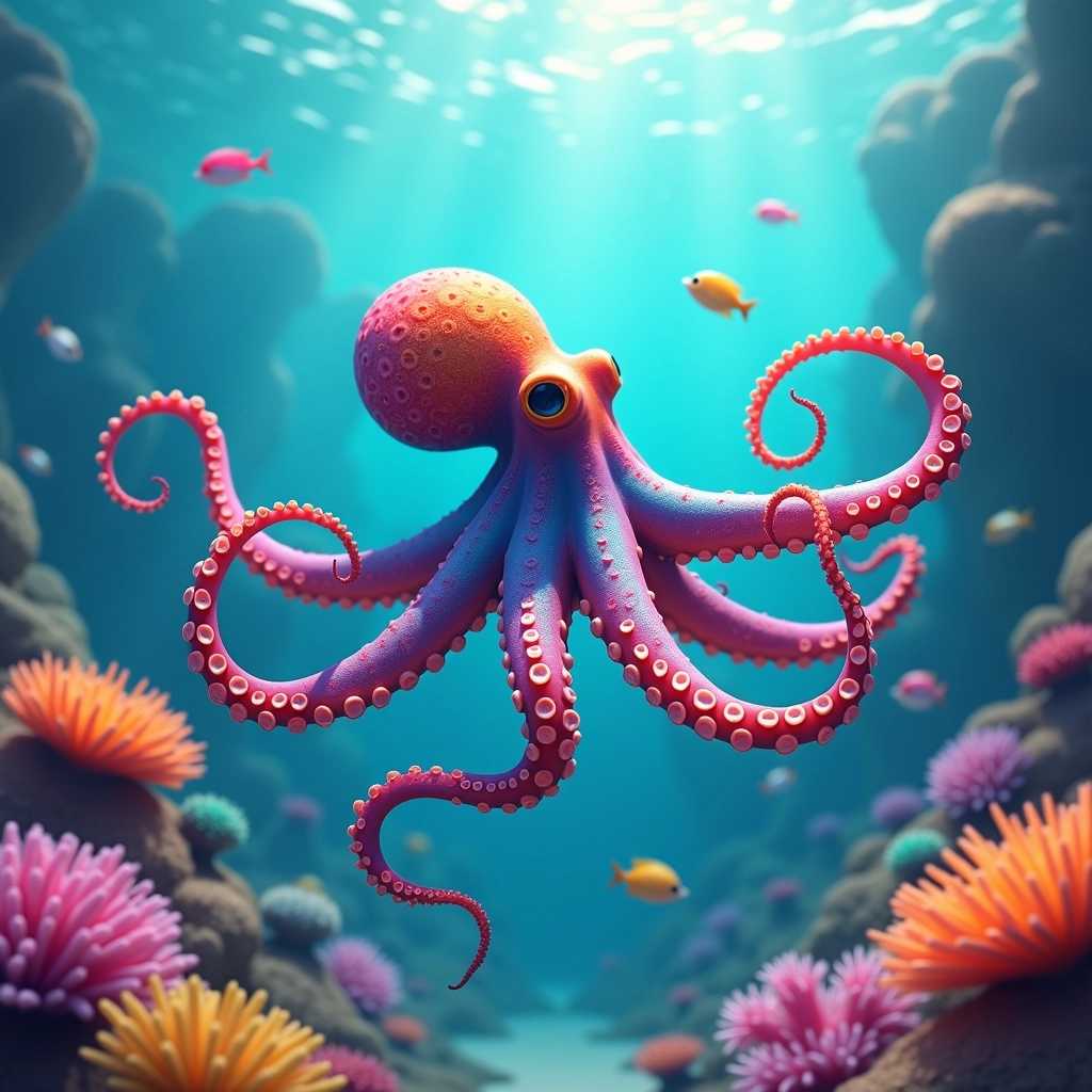   Create Image Dojo AI Image Creator Flux Image To Image Consistent Characters Pose Control Character Stylist  Enhance  Analyze  Train Style Trainer Style Image Creator  Experiment Settings Refer & Earn Join our Discord Product Hunt  octopus  **Prompt for Image Generation:** "Create a vivid underwater scene featuring a majestic, multi-colored octopus gracefully swimming through the crystal-clear waters of a coral reef. The octopus should have intricate patterns on its skin, showcasing a vibrant array of blues, purples, and oranges, with its tentacles elegantly flowing in the water. Surround it with a diverse array of marine life, including brightly colored fish, swaying sea anemones, and delicate coral formations, all illuminated by beams of sunlight filtering through the surface. The background should depict a softly blurred seascape filled with shadows of distant rocks and the textures of flowing seaweed. Capture the serene yet vibrant mood of an underwater ecosystem, emphasizing the beauty and complexity of marine life in a realistic and immersive style."