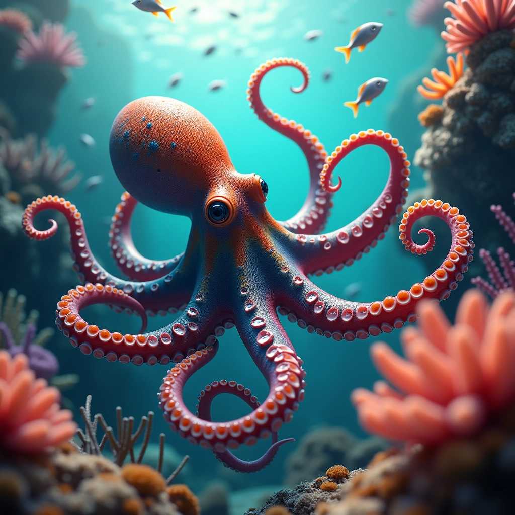 Vibrant Octopus Amongst a Thriving Coral Reef Habitat