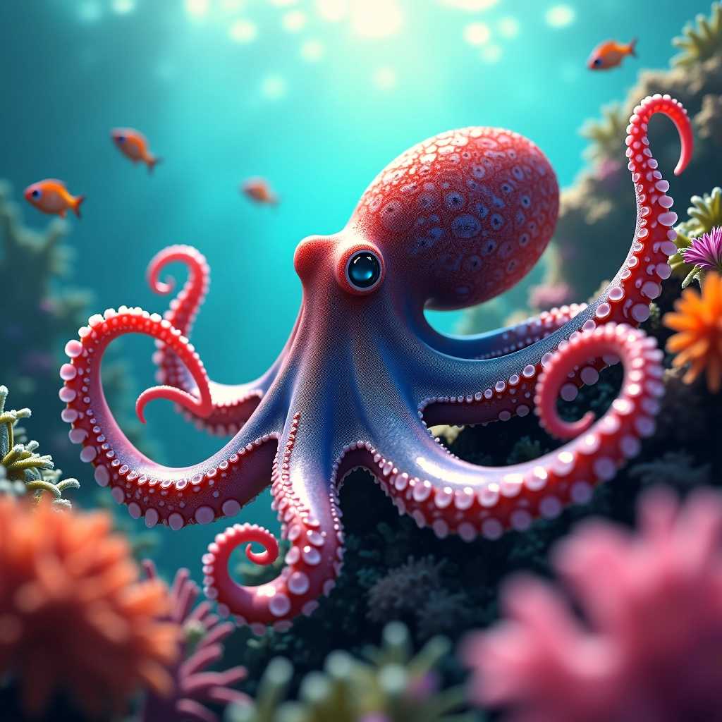   Create Image Dojo AI Image Creator Flux Image To Image Consistent Characters Pose Control Character Stylist  Enhance  Analyze  Train Style Trainer Style Image Creator  Experiment Settings Refer & Earn Join our Discord Product Hunt  hyperrealistic octopus  Generate a hyperrealistic octopus depicted in a vibrant underwater scene. The octopus should have intricate details, showcasing its textured skin with a blend of deep blues, vibrant reds, and hints of iridescent greens reflecting the surrounding light. Each tentacle should be gracefully positioned, displaying the delicate suction cups glistening with droplets of water. Surrounding the octopus, create a rich underwater environment filled with colorful coral reefs and schools of small fish darting in the background. Sunlight should filter from the surface, casting dappled light across the scene, enhancing the fluidity of movement in both the octopus and the surrounding water. Focus on capturing the natural behavior of the octopus, perhaps in a moment of camouflage against the vibrant coral, to evoke a sense of wonder and tranquility in the composition. The mood should be serene yet dynamic, highlighting the beauty of marine life in its natural habitat.