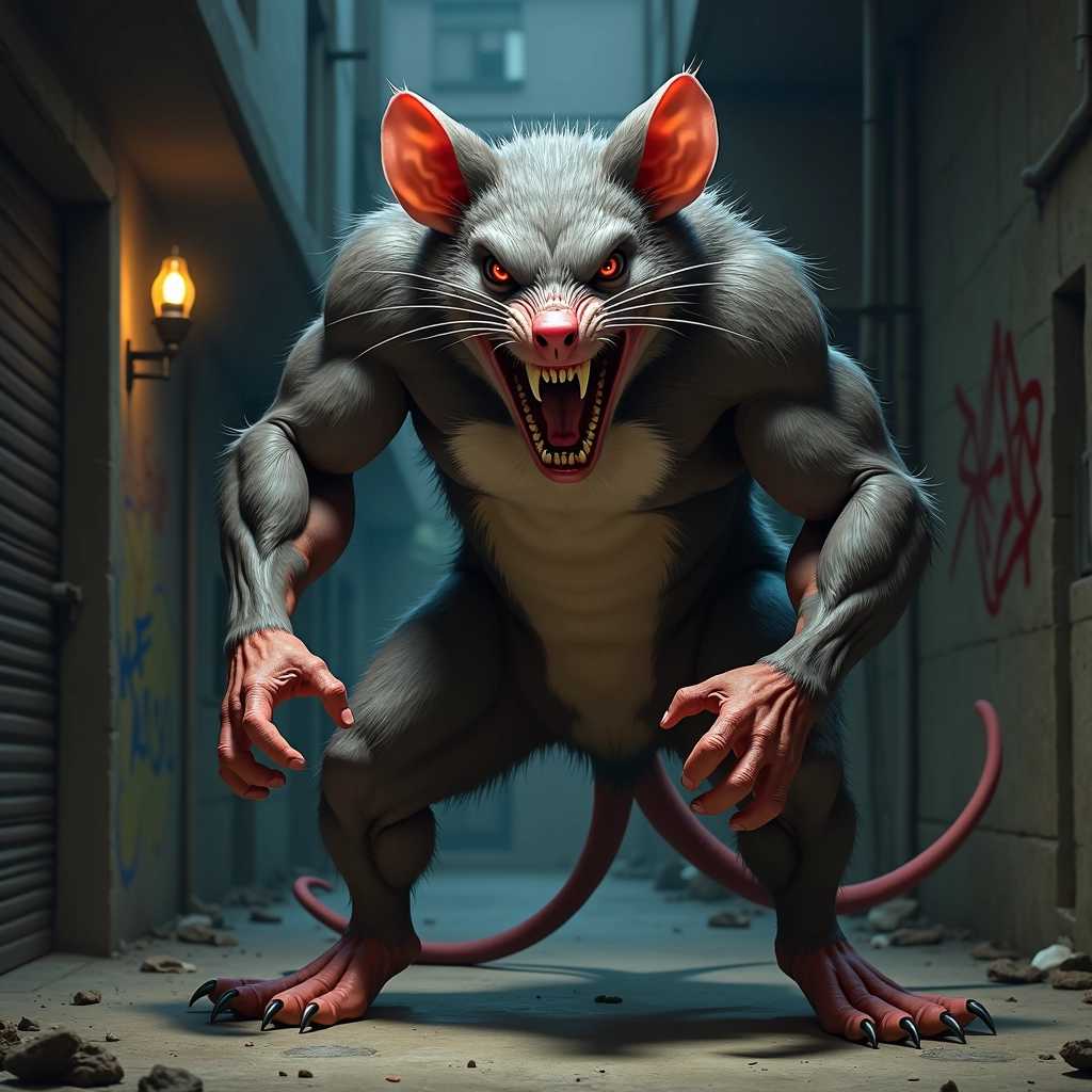 Create a hyperrealistic image of a half-man, half-rat hybrid that embodies aggression and anger. The creature should stand in a dynamic pose, showcasing its powerful build with muscular human arms and claws instead of hands, blending seamlessly into the fur-covered, rat-like lower body. Its face should feature a fierce expression, with sharp rodent-like teeth bared in a snarl, and beady, glaring eyes that convey intense rage. 

The hybrid's fur should be a mix of deep grays and browns, with contrasting patches that add depth to its texture. Detail the long, thin tail trailing behind, and emphasize the ears that are large and twitching, adding to its feral demeanor. Set the creature in a dark, urban environment, perhaps in a dimly lit alleyway with graffiti on the walls, to enhance the mood of menace and tension. 

The lighting should be stark, casting dramatic shadows, and highlighting the creature’s features to accentuate its hybrid nature. Add subtle elements like discarded trash or a flickering light bulb in the background to enrich the scene, ensuring the overall composition captures the raw ferocity of this unique being.