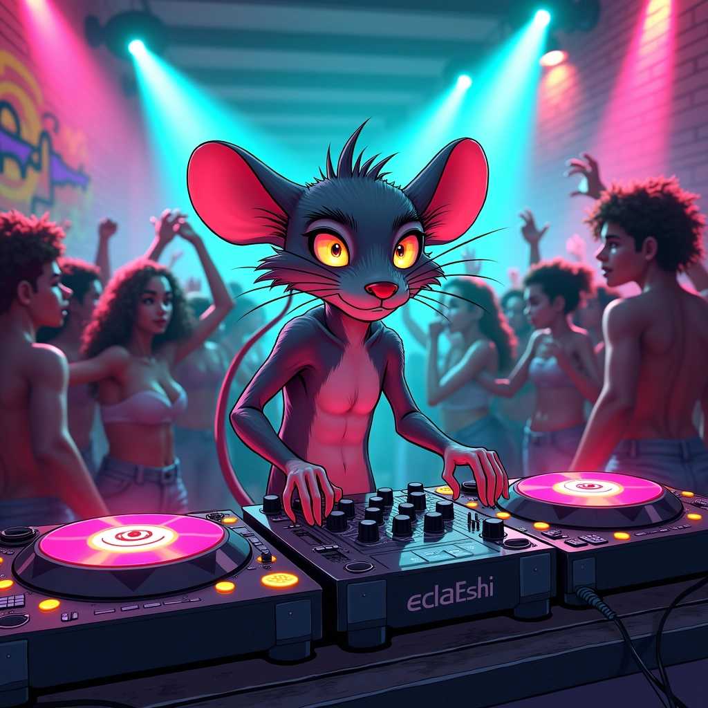 **Prompt:** Create a dynamic and captivating scene featuring a half-man, half-rat DJ performing live at a vibrant underground party. The DJ should have an anthropomorphic physique, combining human features with those of a rat; for instance, he possesses a human torso and arms but has the fur, ears, and whiskers of a rat. His eyes sparkle with mischief and energy, illuminated by colorful stage lights. 

Surround him with an array of high-tech DJ equipment, including turntables, mixers, and glowing LED lights, all pulsating to the beat of the music. The background should be filled with a diverse crowd of animated party-goers, dancing energetically under swirling neon lights, creating a sense of movement and excitement.

The overall atmosphere should blend a playful, quirky vibe with urban edge, drawing inspiration from both a lively nightclub and a whimsical cartoon. Use bold colors—like electric blues, hot pinks, and bright greens—to enhance the energy of the scene. Include details such as graffiti on the brick walls of the venue, and shadows cast by the lighting to add depth and intrigue to the image. The mood should be electrifying, with a sense of carefree fun and wild abandon celebrating the unique artistry of the half-man, half-rat DJ.