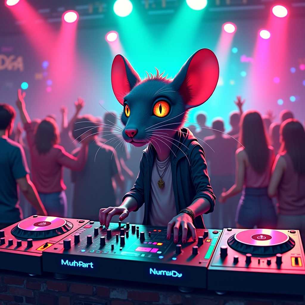 Retro Futuristic DJ Mouse at a NeonLit Party