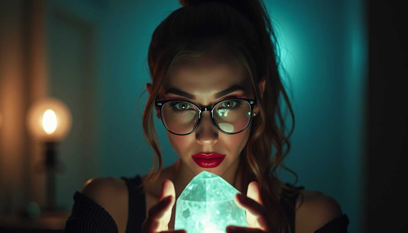 a female evil hypnotist holding a crystal in front of her as if to hypnotize the viewer, she should have a block ponytail and be wearing wire frame eyeglasses, she should be wearing crimson lipstick