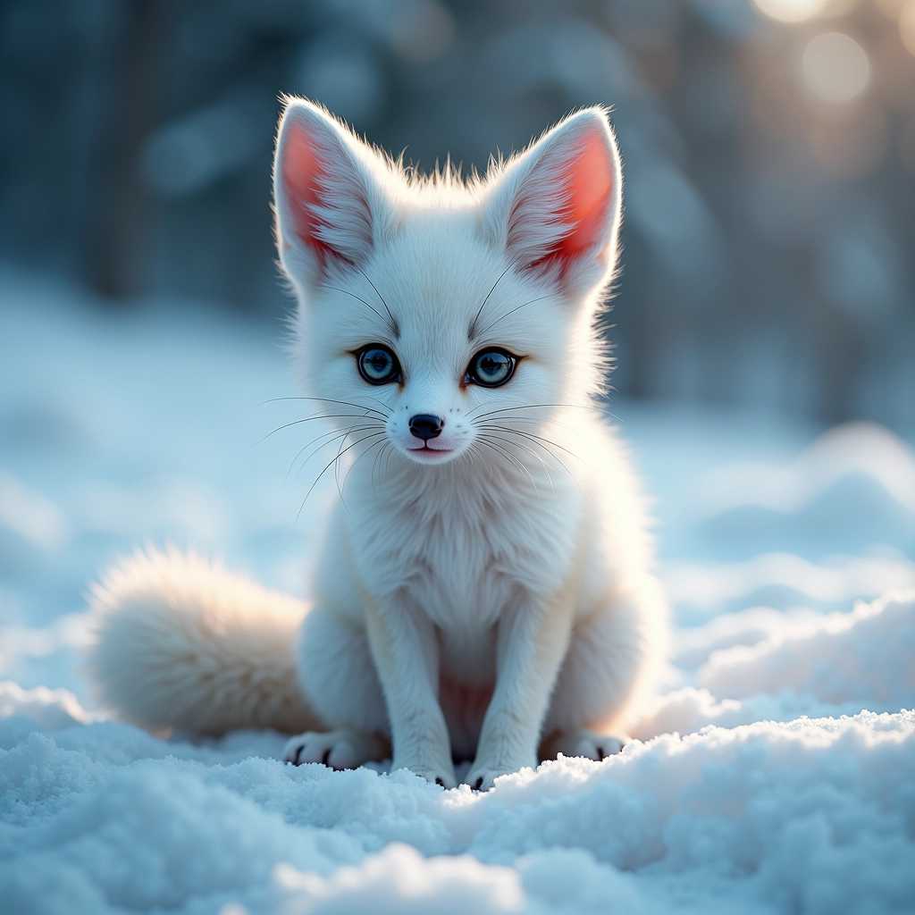 close up, high detail, 8k, realistic, cute little Fennec fox, white fur, looking at the camera, majestic sitting posture, depth of field rule of thirds intricate detail, conceptual art, vivid colors, futuristic design, attention to detail, grandeur and awe, stunning visual masterpiece, fantasy world, intense light, ice and snow, style cinematic render