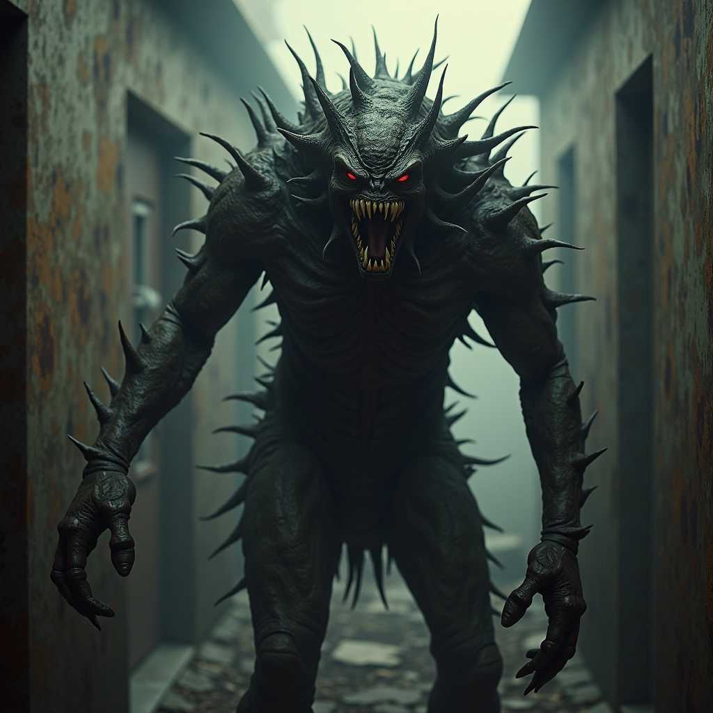 An imposing, spikeencrusted creature with menacing red eyes looms in a desolate, fogenshrouded corridor