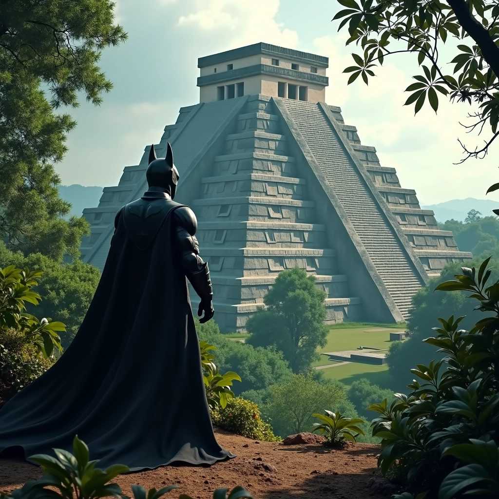 Batman devant une pyramide Maya dans la jungle