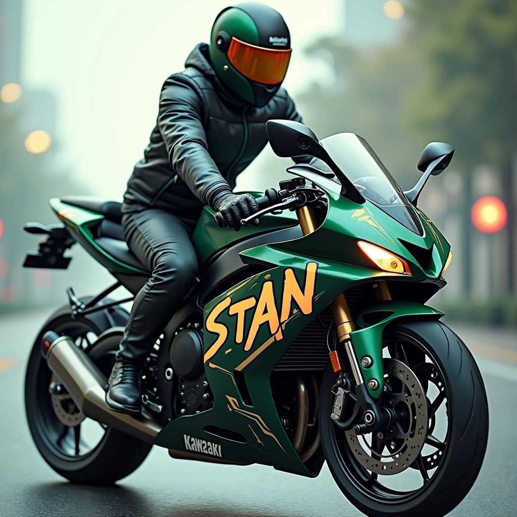 Un jeune homme de 20 ans sur une moto KAWASAKI H2 avec écrit dessus "STAN", style cyberpunk 3D