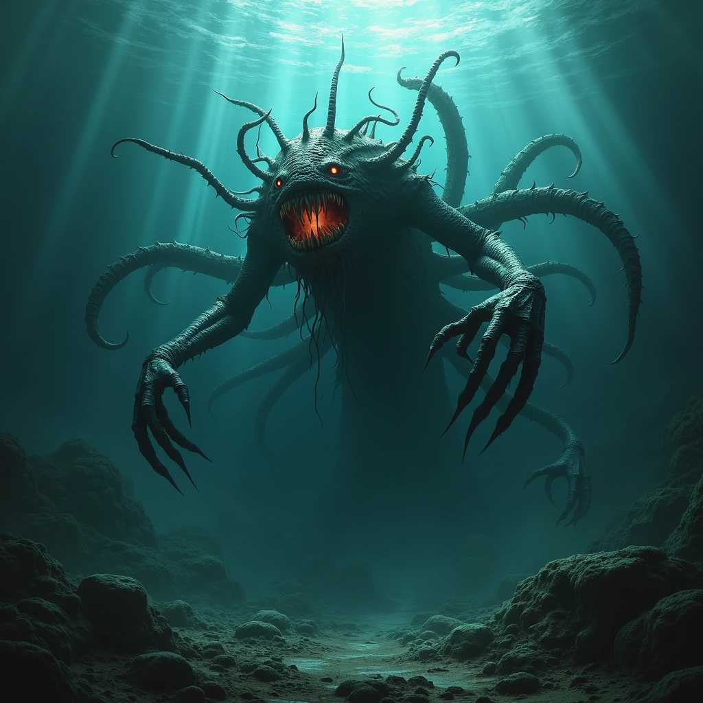 a undead underwater monster,worms of terror,long worms,decay,rotten,full body,horror vibe,dark,low light,under exposure,