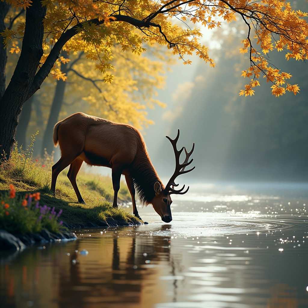 **Prompt détaillé :** 

Un cerf hyper réaliste se tenant majestueusement au bord d'une rivière tranquille, dans un paysage idyllique d'Alsace. Son pelage brun riche et détaillé reflète la lumière douce du matin, mettant en valeur chaque nuance de sa fourrure. L'animal, avec des bois imposants, penche délicatement sa tête vers l'eau cristalline pour s'abreuver, créant de légères ondulations à la surface. 

Autour de lui, la nature alsacienne se dévoile avec ses charmants bois de feuillus en arrière-plan, ornés de feuilles vert vif d'une belle teinte d'été. Des fleurs colorées, typiques de la région, parsèment les rives de la rivière, ajoutant des touches de jaune, violet et rouge. La lumière du soleil filtre à travers les branches, projetant des ombres douces sur le sol tapissé de mousse et de petits cailloux.

L'ensemble de la scène évoque une atmosphère sereine et paisible, où la beauté de la faune et de la flore se mêle harmonieusement. L'image doit capturer la finesse des détails du cerf, le mouvement de l'eau et la splendeur naturelle du cadre alsacien. Une palette de couleurs naturelles et un léger flou d'arrière-plan accentueront la présence du cerf, dirigeant le regard du spectateur vers ce majestueux